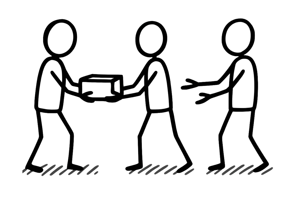 digital drawing of three people passing bricks down an assembly line